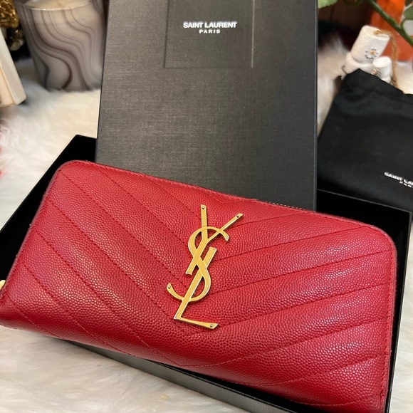 YSL Red Leather Zip Around Long Wallet Authentic - Picture 4 of 16
